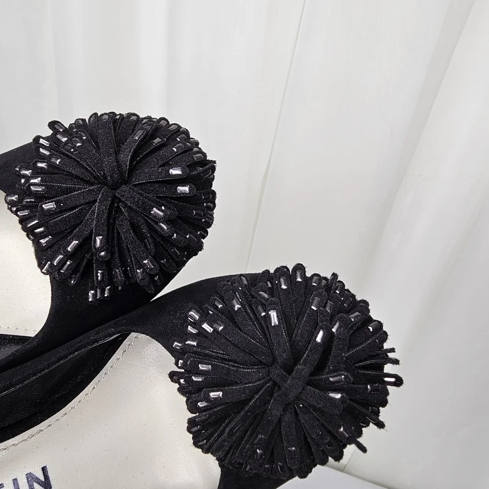 Anne Klein Holly Black Fringe Toe Block Heels Size 7.5 - Picture 10 of 10